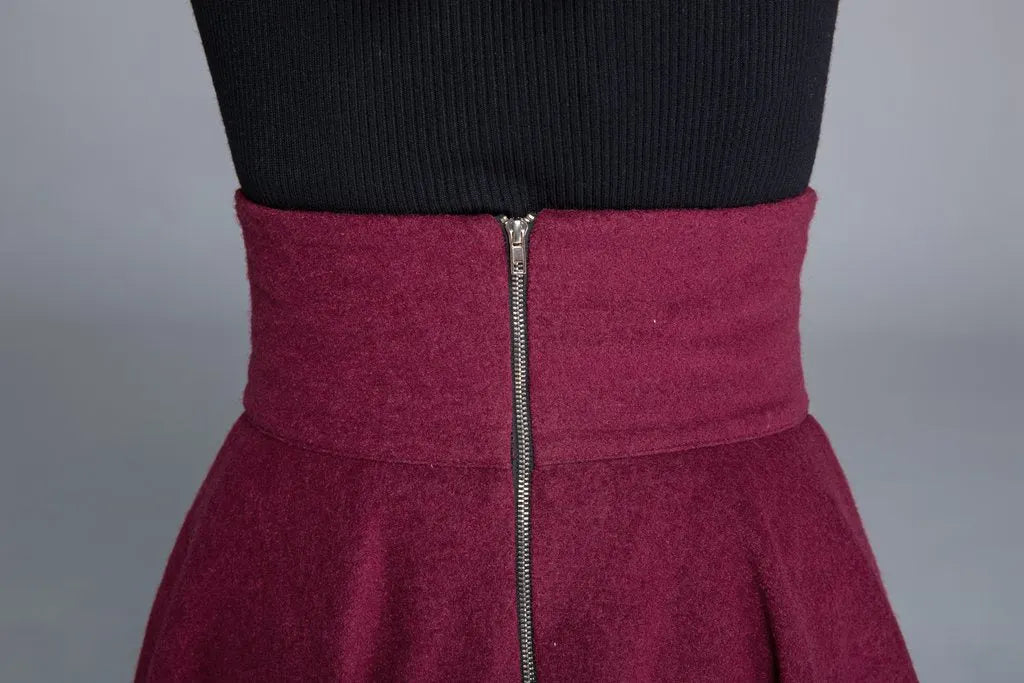 Burgundy Wool Blend Midi Skirt - High Waist Swing A-Line 1678