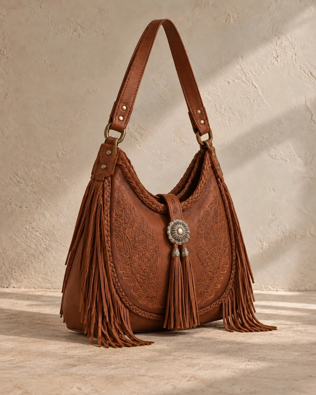 Boho Fringe Embossed Leather Hobo Bag