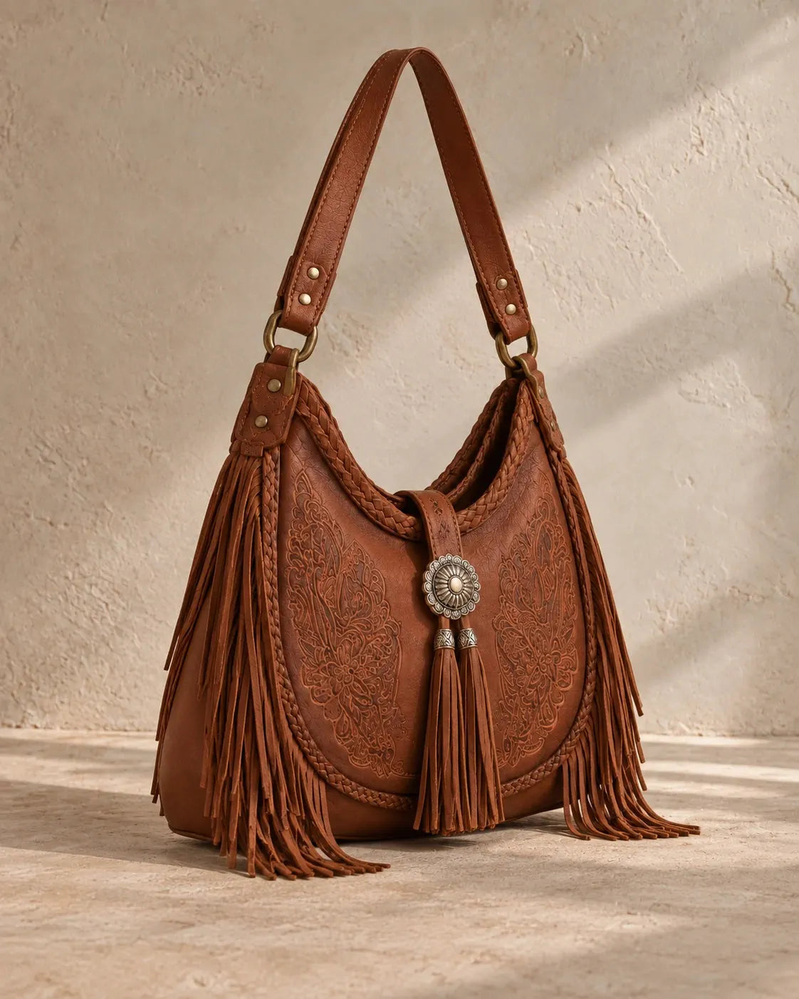 Boho Fringe Embossed Leather Hobo Bag