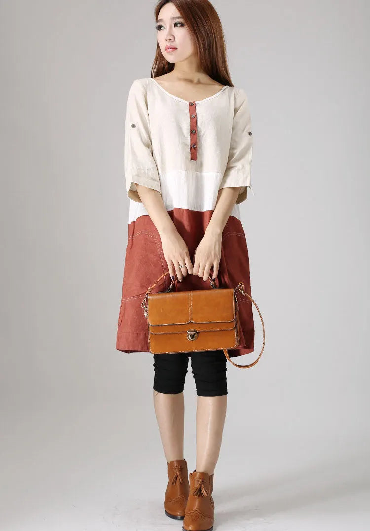 Beige and Rust Linen Tunic Dress - Block Color, Loose Fit 833