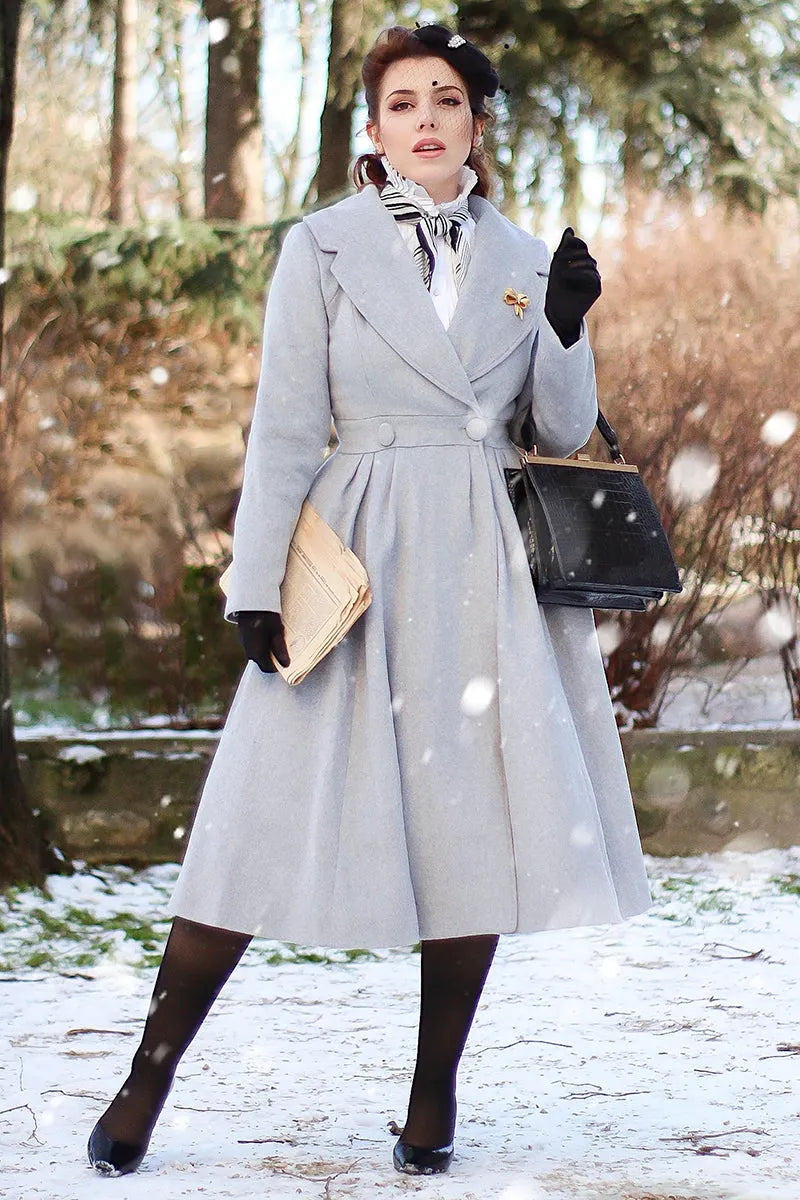 Handmade Light Gray Wool Coat – Vintage Fit & Flare Double-Breasted Princess Coat 