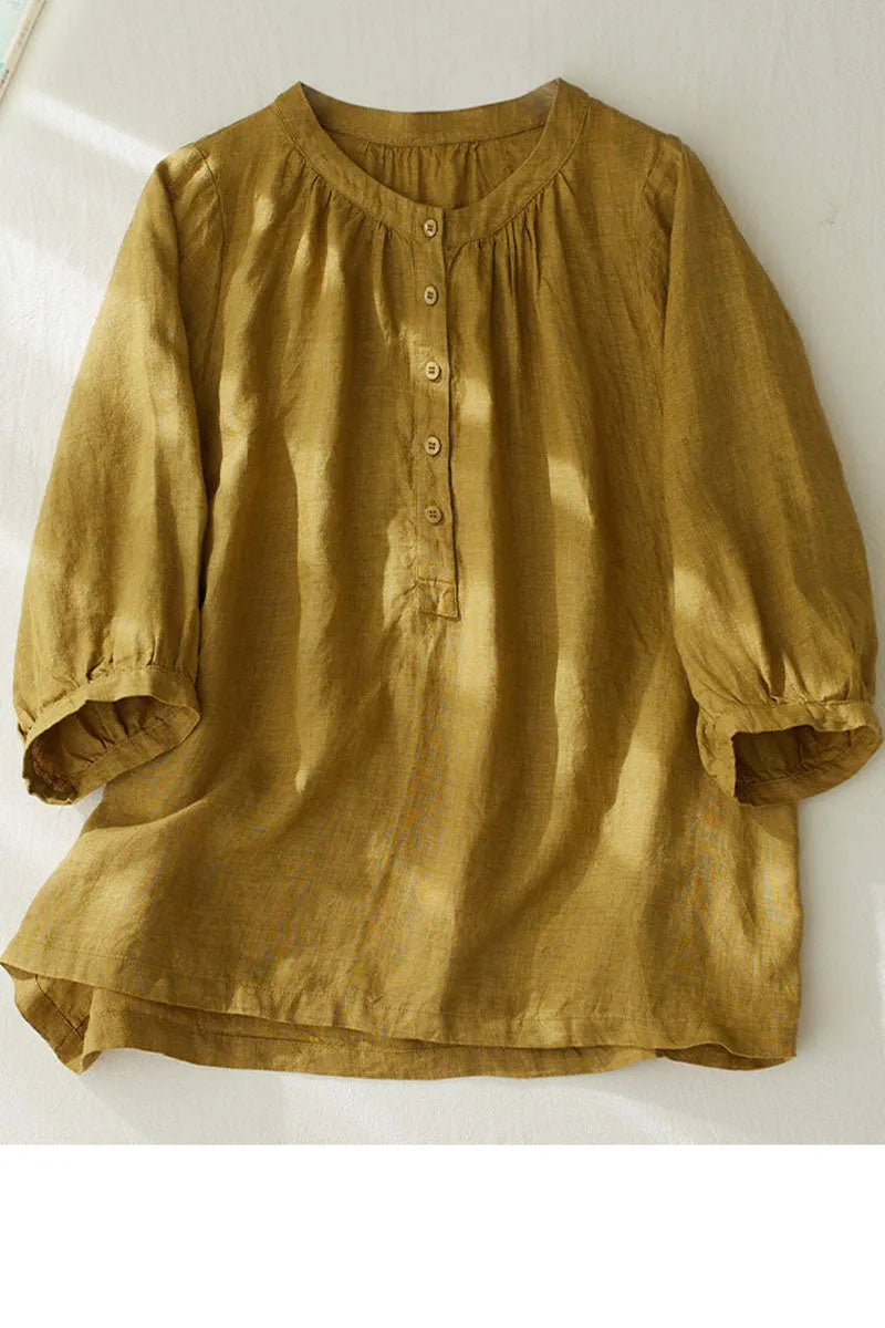 Light Blue Linen Cotton Blouse - Loose Fit Button Closure 4322