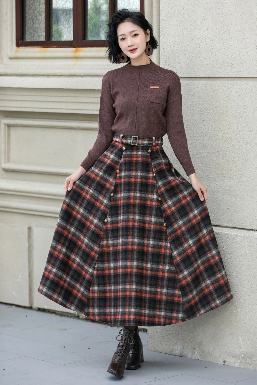 Plaid Wool Midi Skirt - A-Line Silhouette with Belt Waist 5355