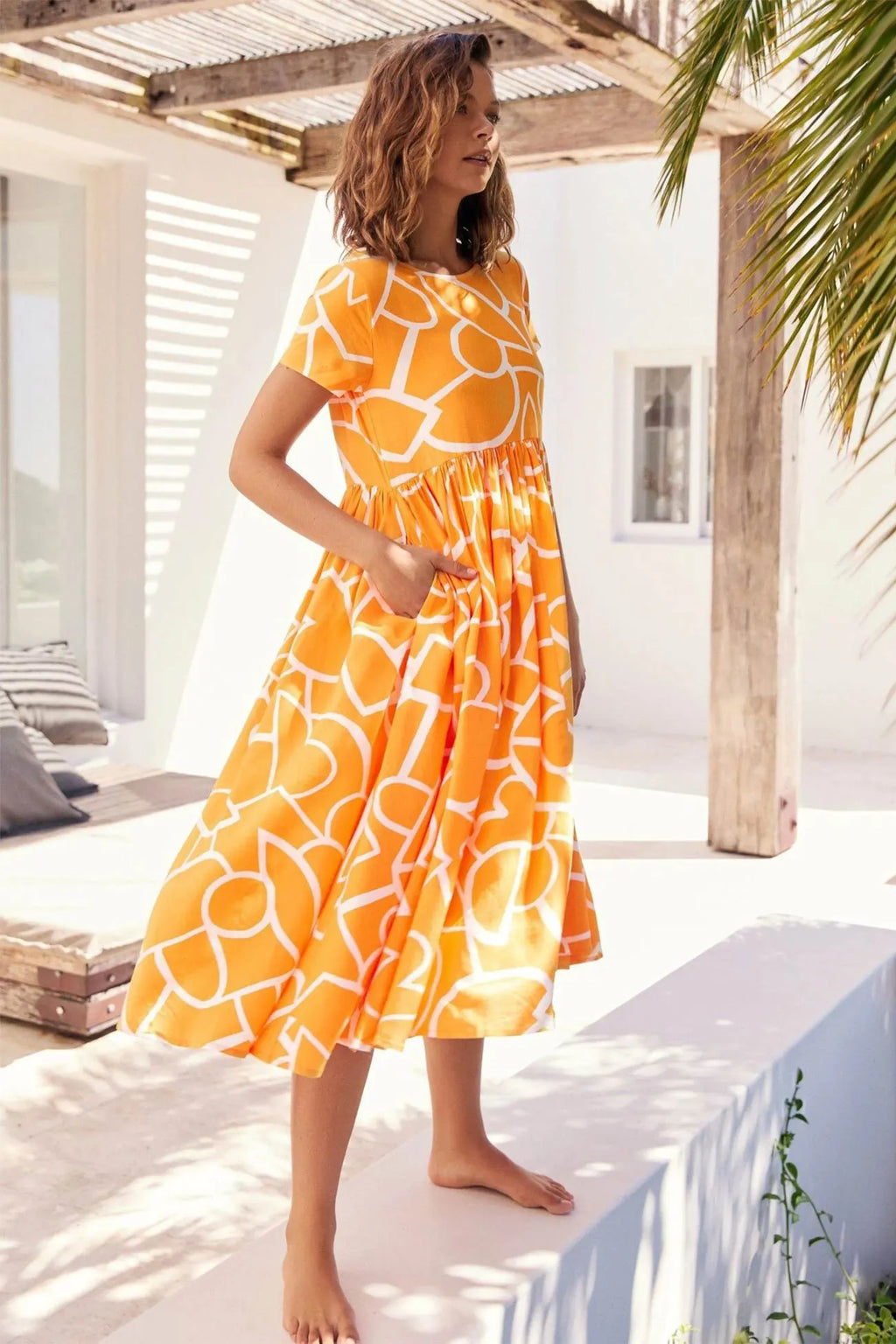 High Waist Ruched Dress with Geometric Print