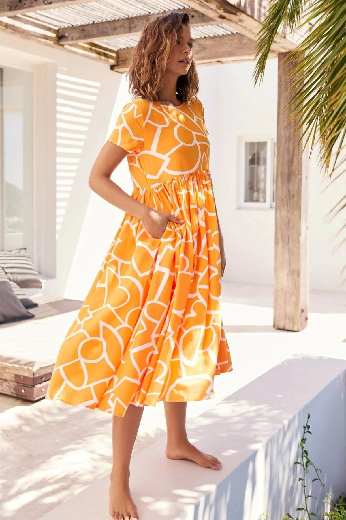 High Waist Ruched Dress with Geometric Print
