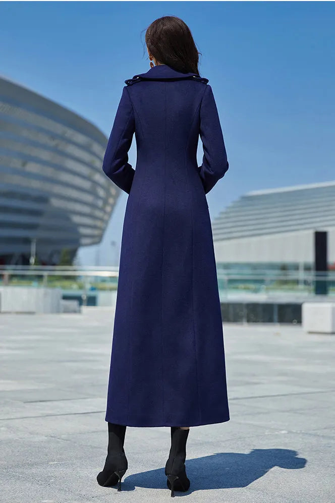 Navy Blue Wool Coat – Long Double Breasted Fit & Flare Winter Overcoat 