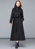 Black Wool Maxi Coat - Stand Collar Fit and Flare Silhouette 2478
