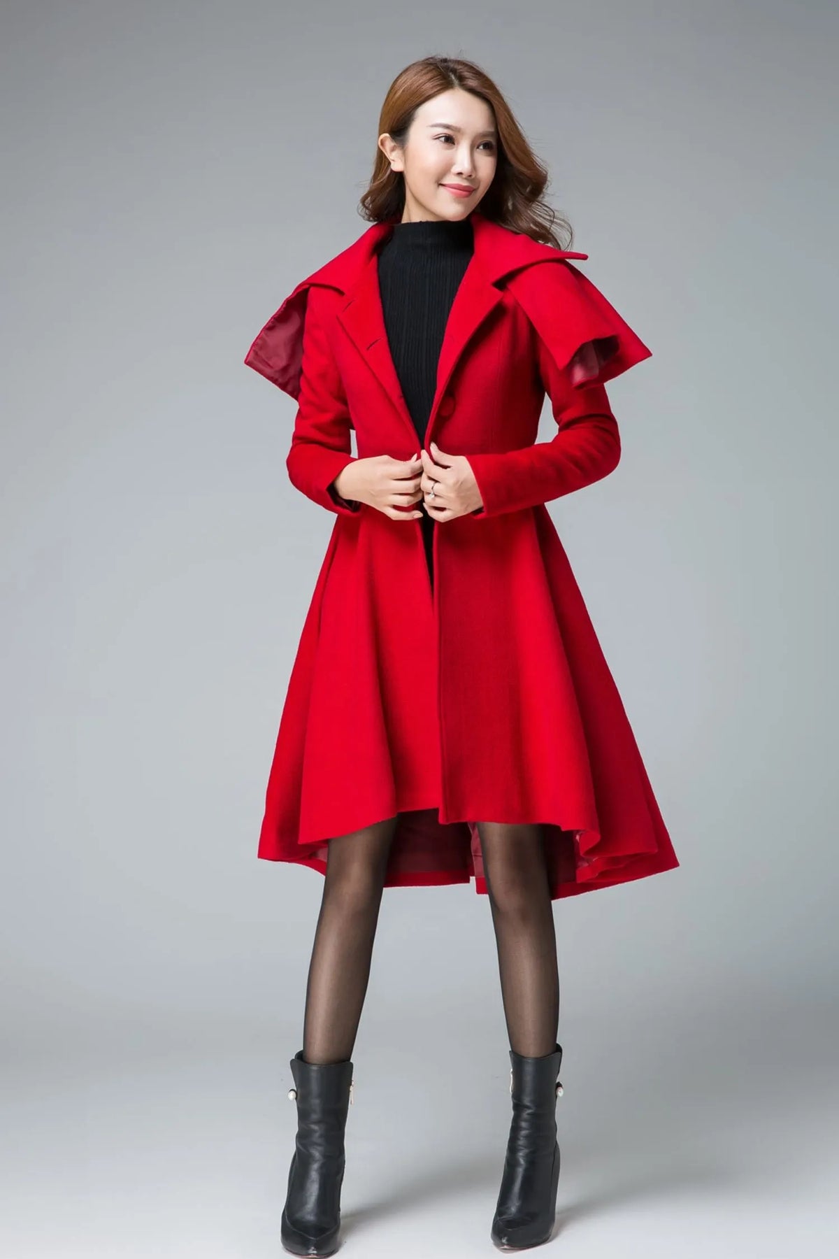 Handmade Red Wool Cape Coat – Vintage High-Low Winter Overcoat with Detachable Cape 