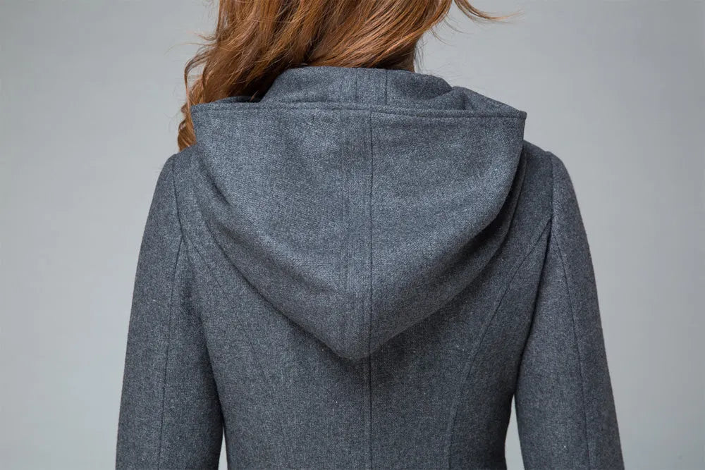 Dark Gray Wool Coat – Handmade Hooded A-line Winter Coat with Plaid Trim 
