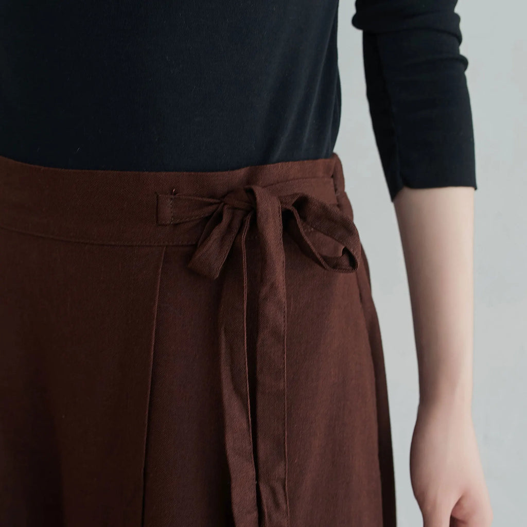 Brown Linen Blend Long Wrap Skirt - Asymmetrical, Elastic Waist 2553