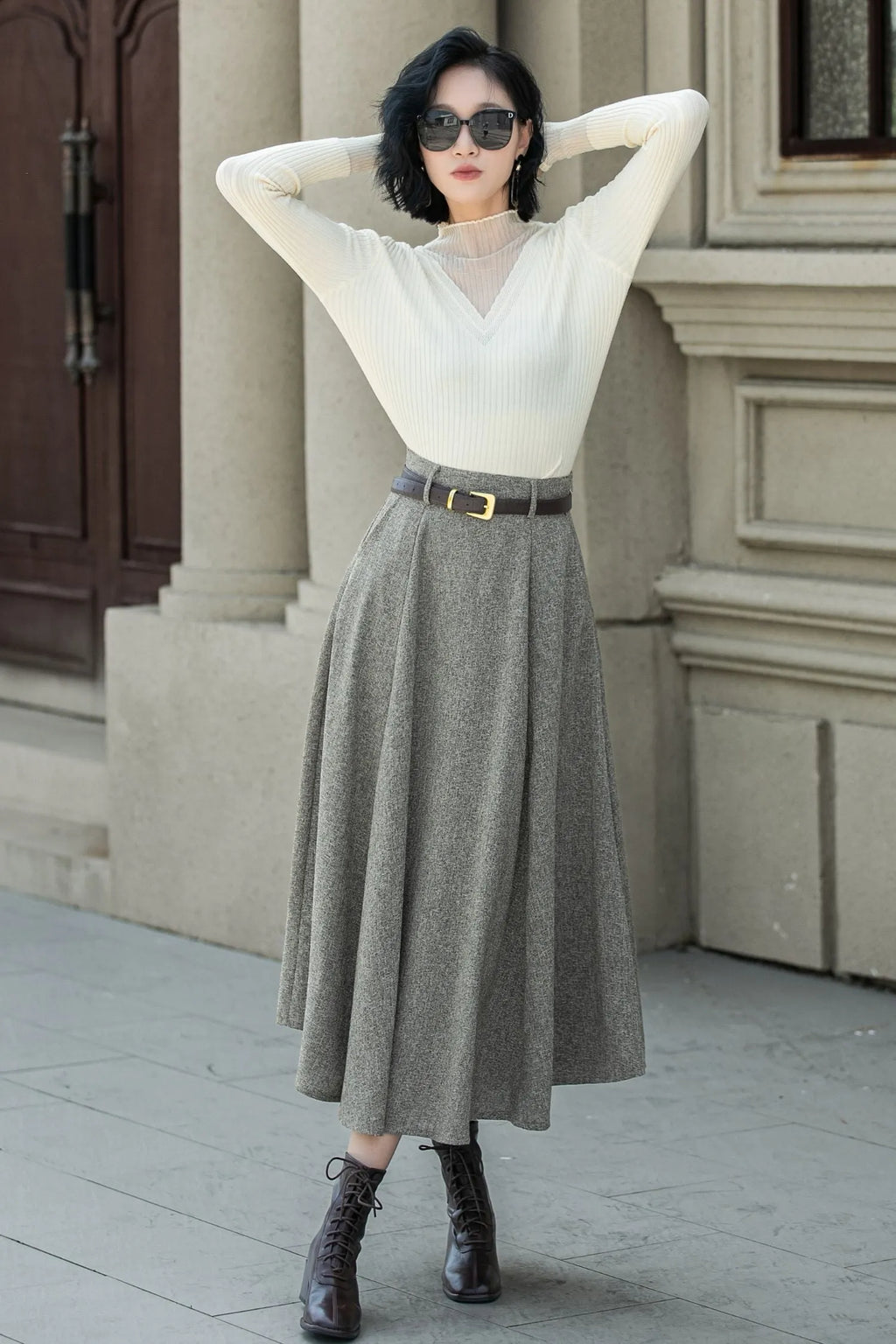 Gray Wool A-Line Midi Skirt - High Waist with Pockets 5313
