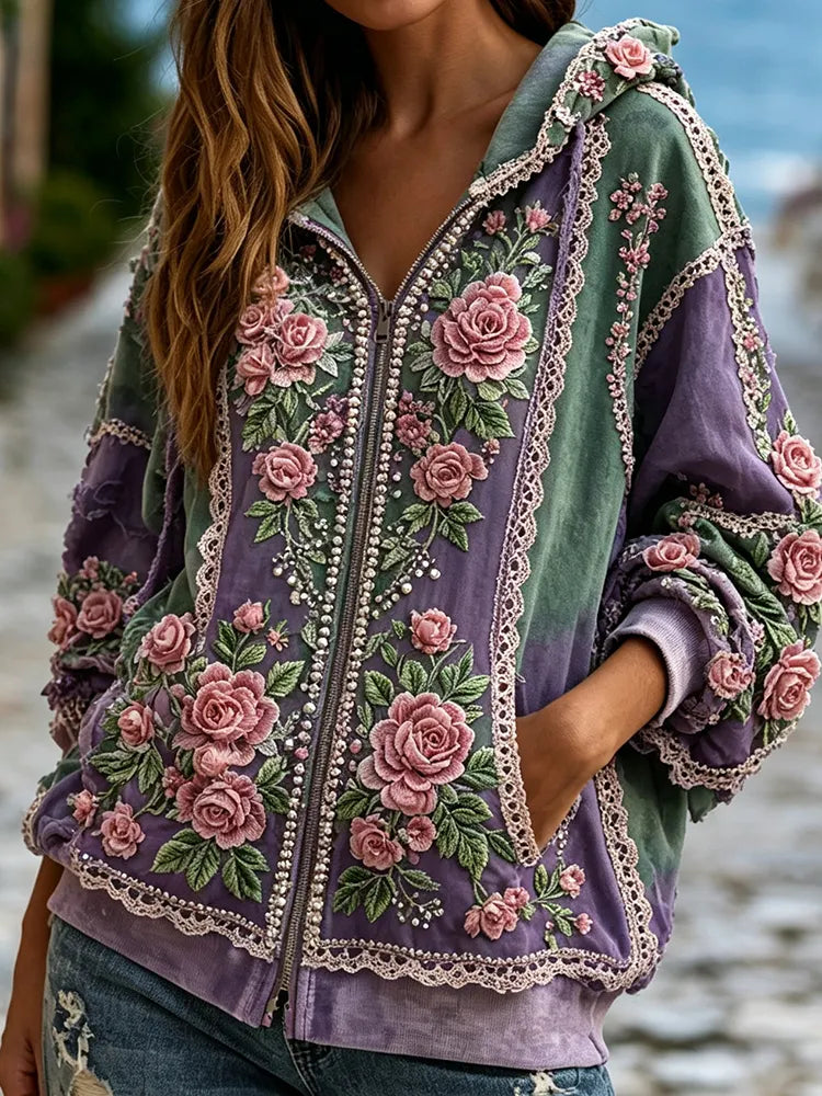Women's Vintage Boho Floral Gradient Art Zip Hoodie Cardigan