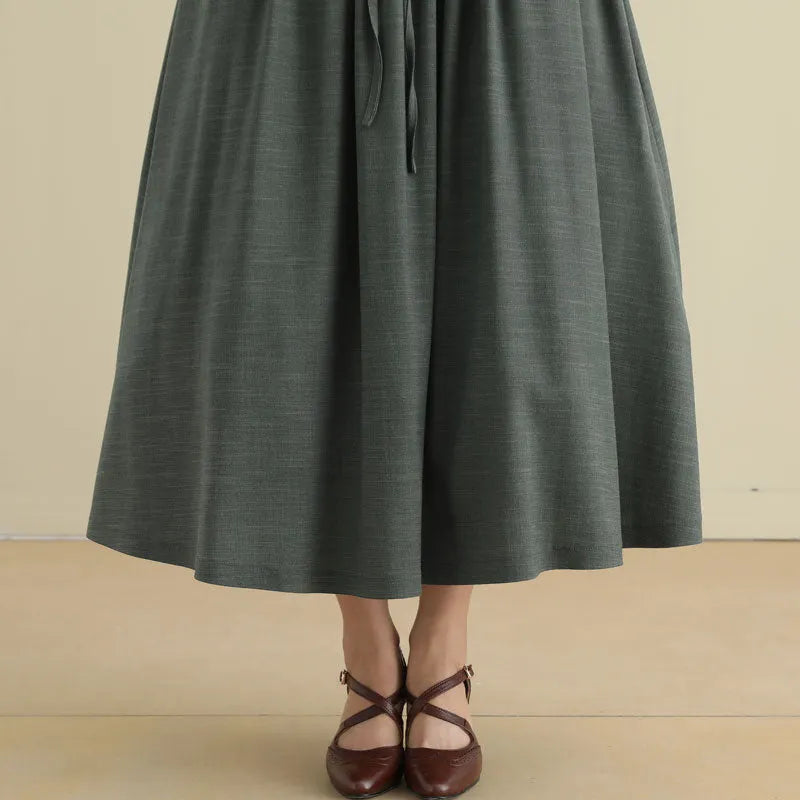 Green Linen Cotton Midi Skirt - Pleated High Waist with Drawstring 2788