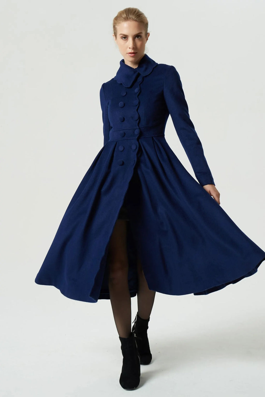 Handmade Navy Wool Coat – Vintage Princess Winter Maxi Overcoat 1971