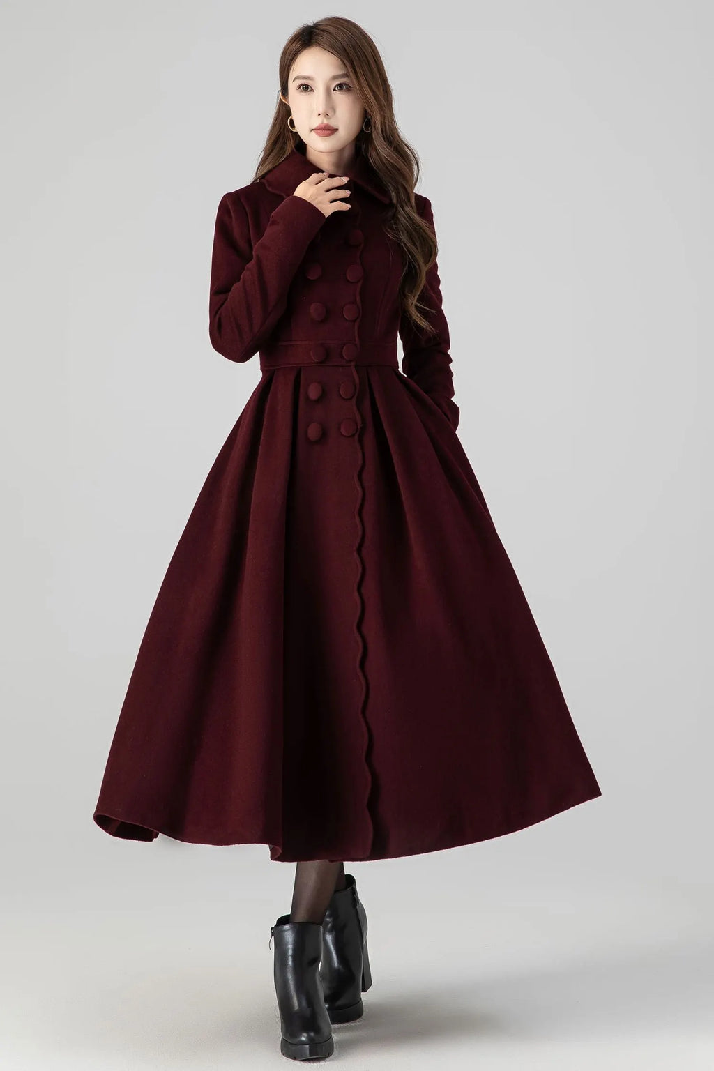 Handmade Burgundy Wool Coat – Vintage Princess Winter Maxi Overcoat 4517
