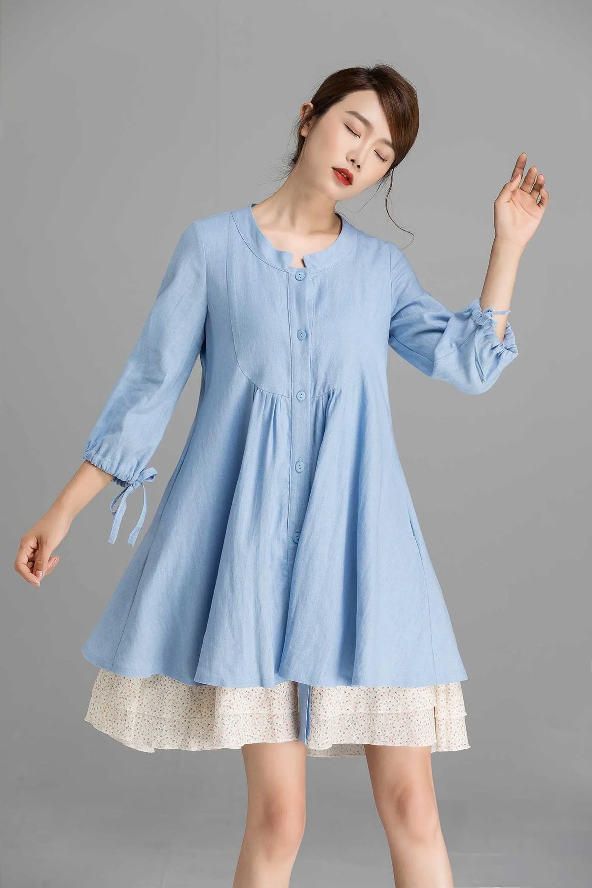 Blue Linen Blend Shirt Tunic Dress - Oversized Bishop Sleeve 2358