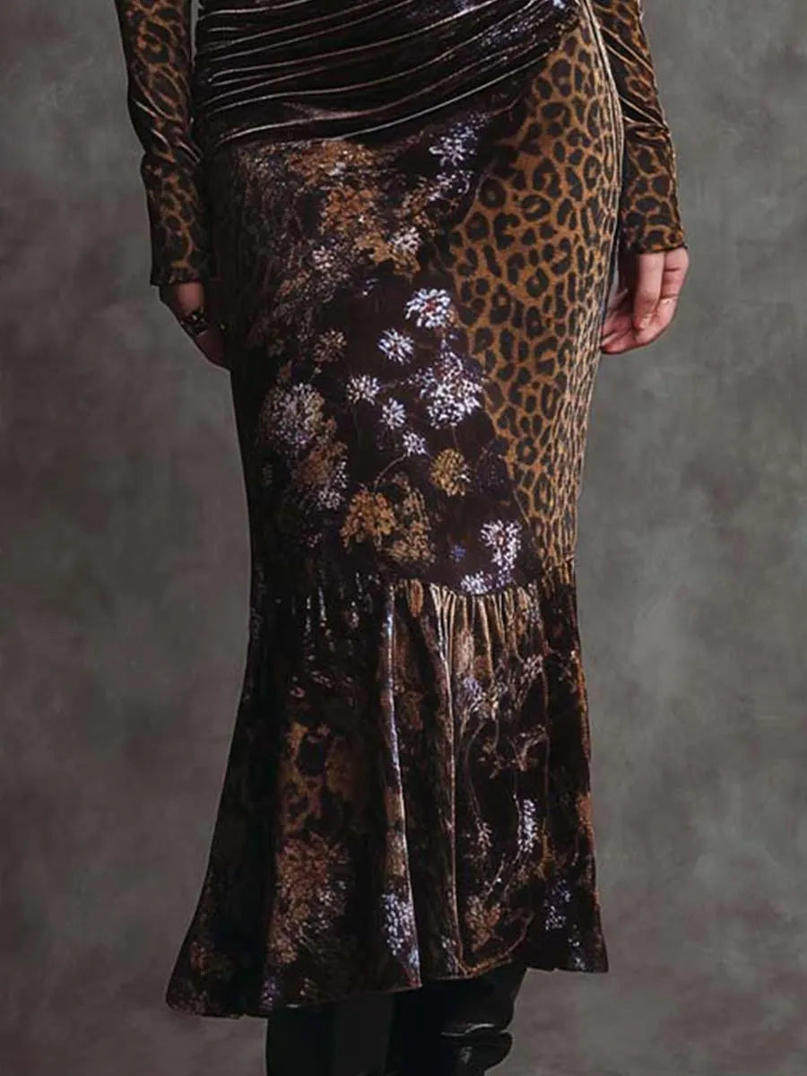 Retro Gothic Leopard Print And Floral Patchwork Velvet Maxi Dress