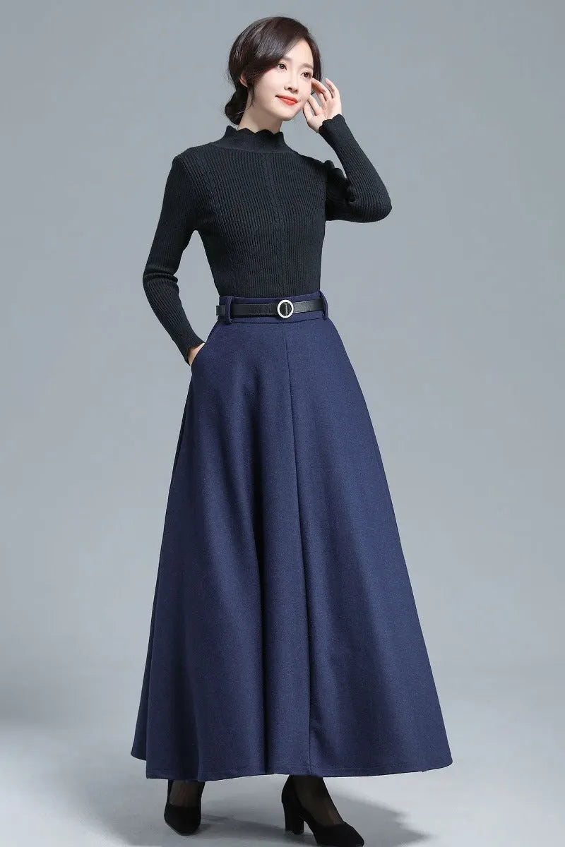 Navy Wool Maxi Skirt - High Waist, Elastic Back 3140