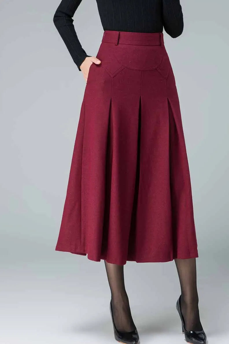 Burgundy Wool Blend Midi Skirt - A-Line Pleated Pockets 