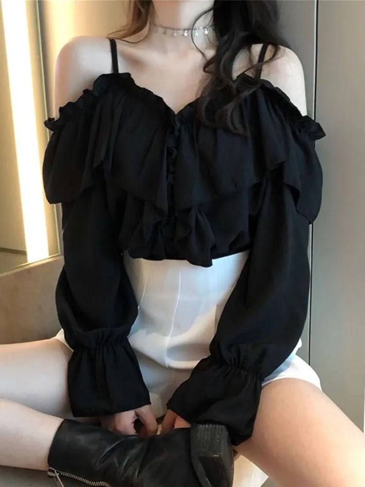 Casual Loose Spaghetti Strap Flare Sleeve Ruffles Tops