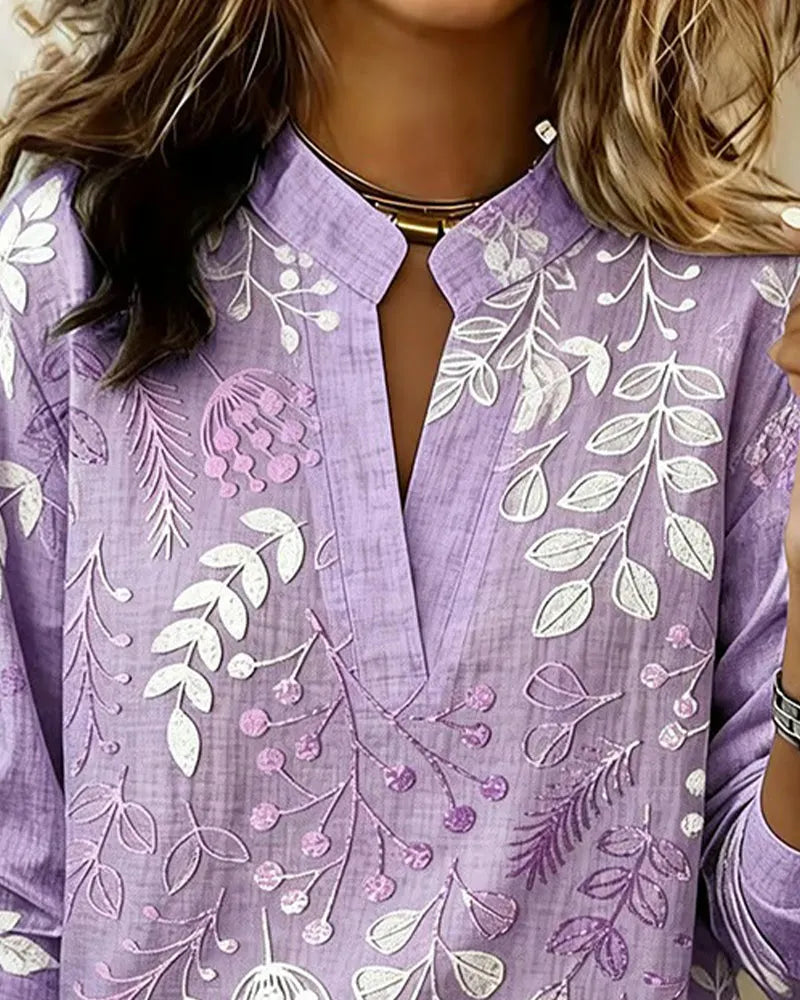 Women's V-Neck Floral Embroidered Blouse, Long Sleeve Notch Collar Linen Blend Top
