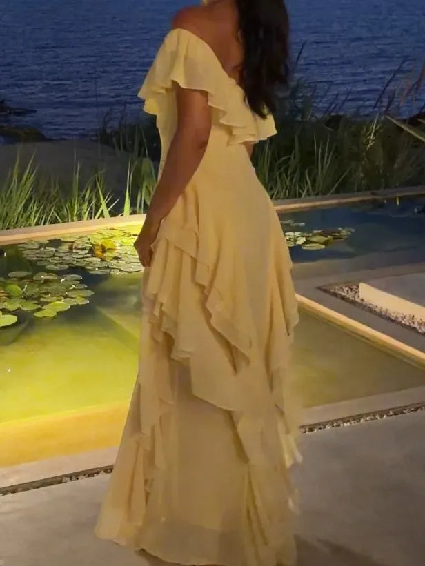 Pale Yellow Off-Shoulder Ruffle Maxi Dress