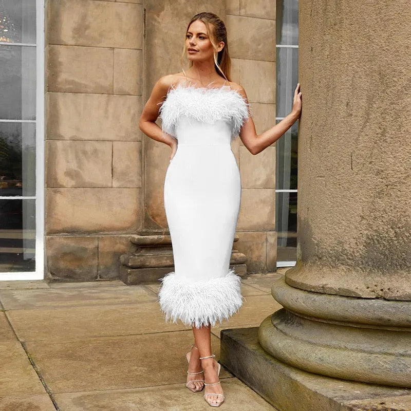 Strapless Feather Evening Sexy Corset Bodycon Midi Dress