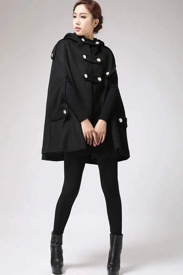 Black Hooded Wool Poncho Coat – Elegant Military Style Cape 