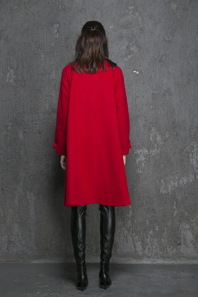 Vintage Wool Coat for Women – Handmade Red Bow-Tie Neck Long Winter Coat 