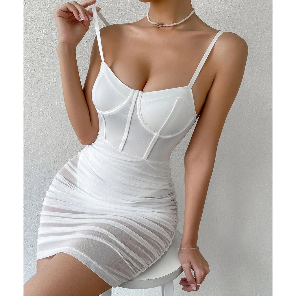 KittenAlarm - Abigale Spaghetti-Strap Mesh Panel Mini Dress