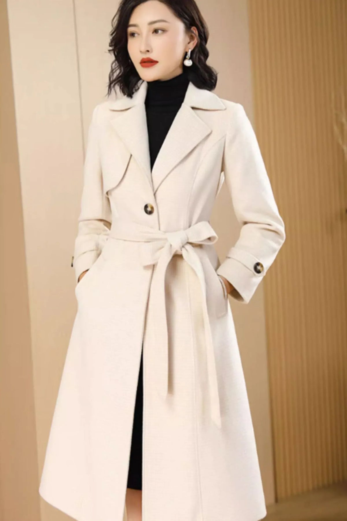 Beige Wool Coat Maxi Dress - Belted Waist Elegant Outerwear 4705