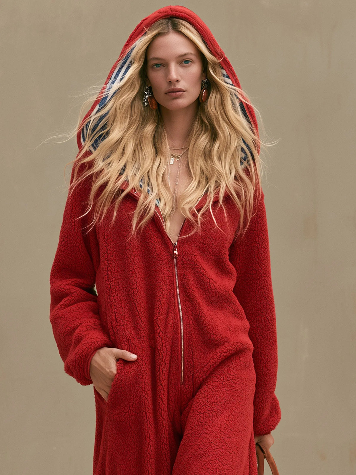 Casual Loose Striped Hooded Red Fleece Jumpsuit