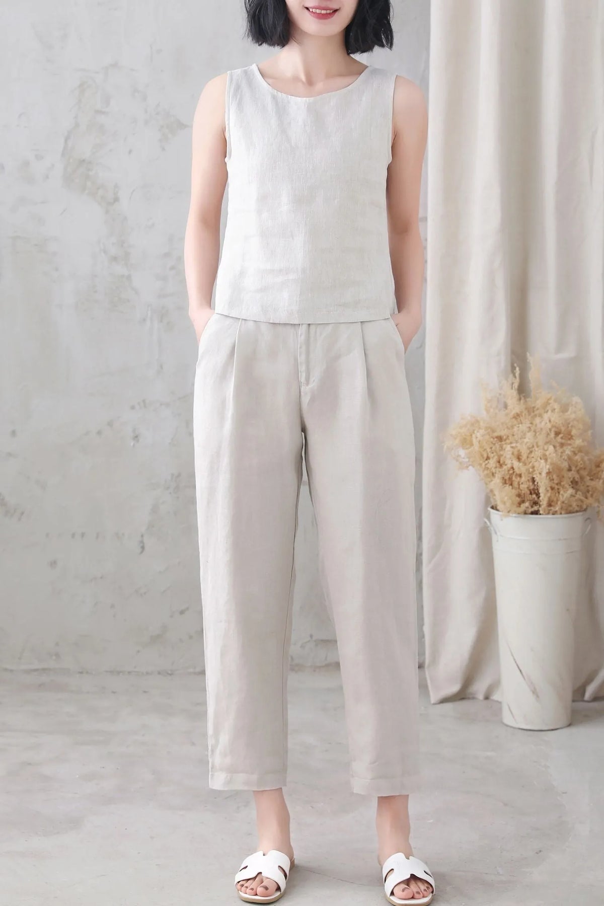 Beige Linen Tank Top - Loose Fit Scoop Neck Sleeveless 3345