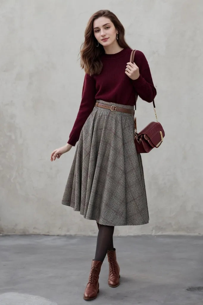Plaid Wool Midi Skirt – Vintage High Waist Pleated Circle Skirt 5306