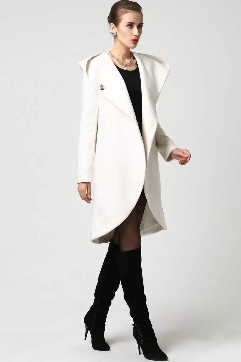 White Wool Blend Coat - Draped Hood Asymmetric Hem 