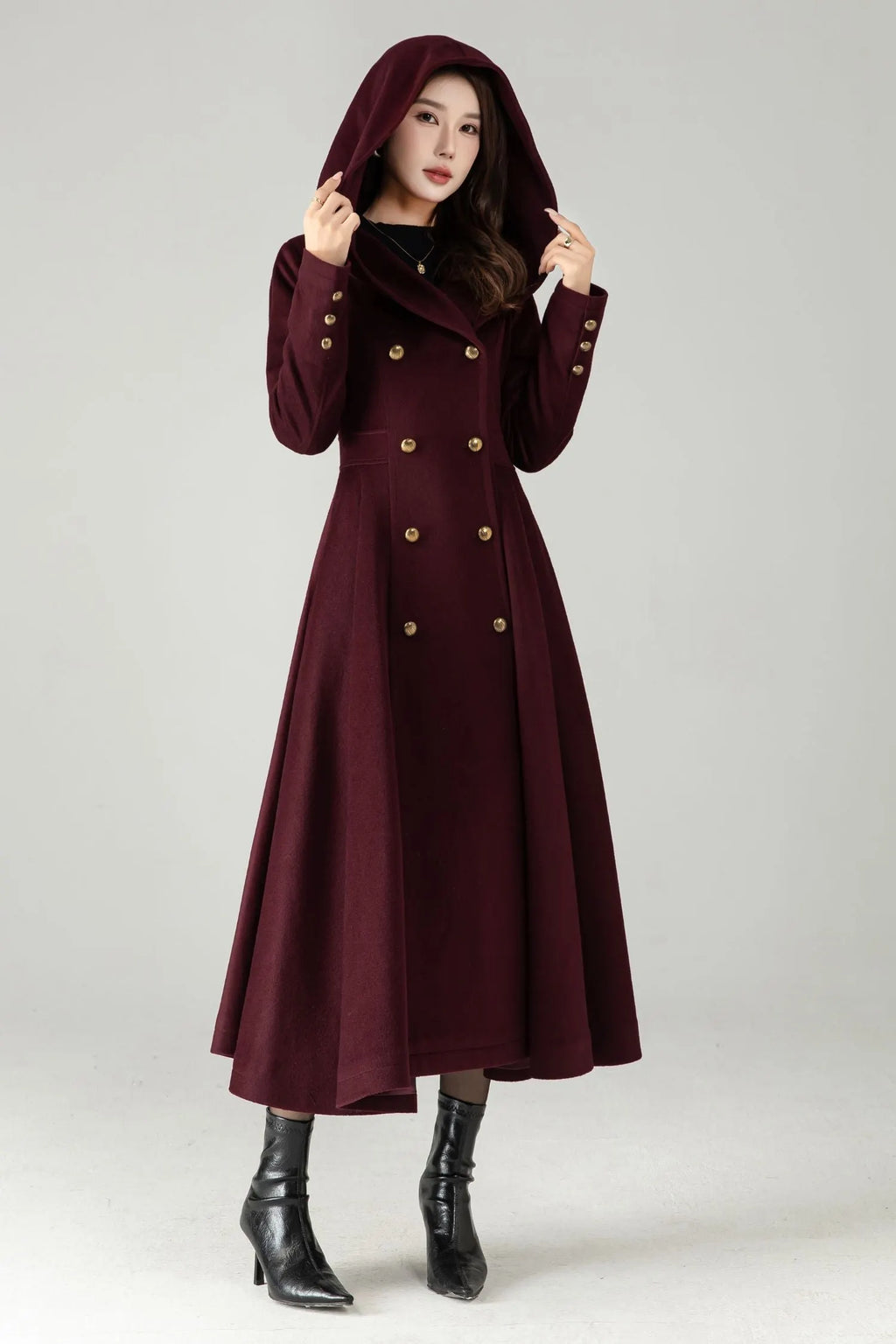 Hooded Burgundy Wool Coat – Elegant Double-Breasted Long Swing Coat 