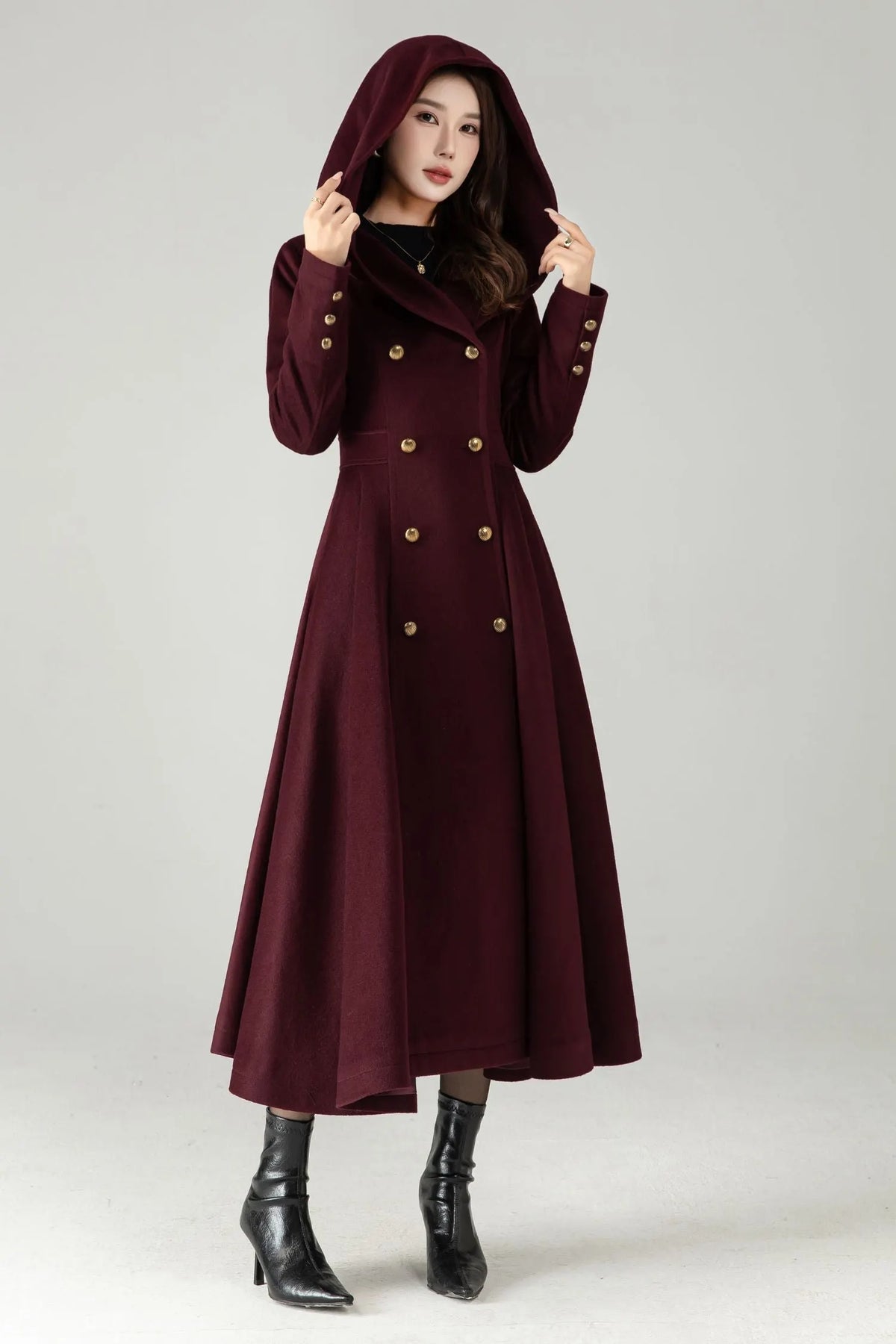 Hooded Burgundy Wool Coat – Elegant Double-Breasted Long Swing Coat 