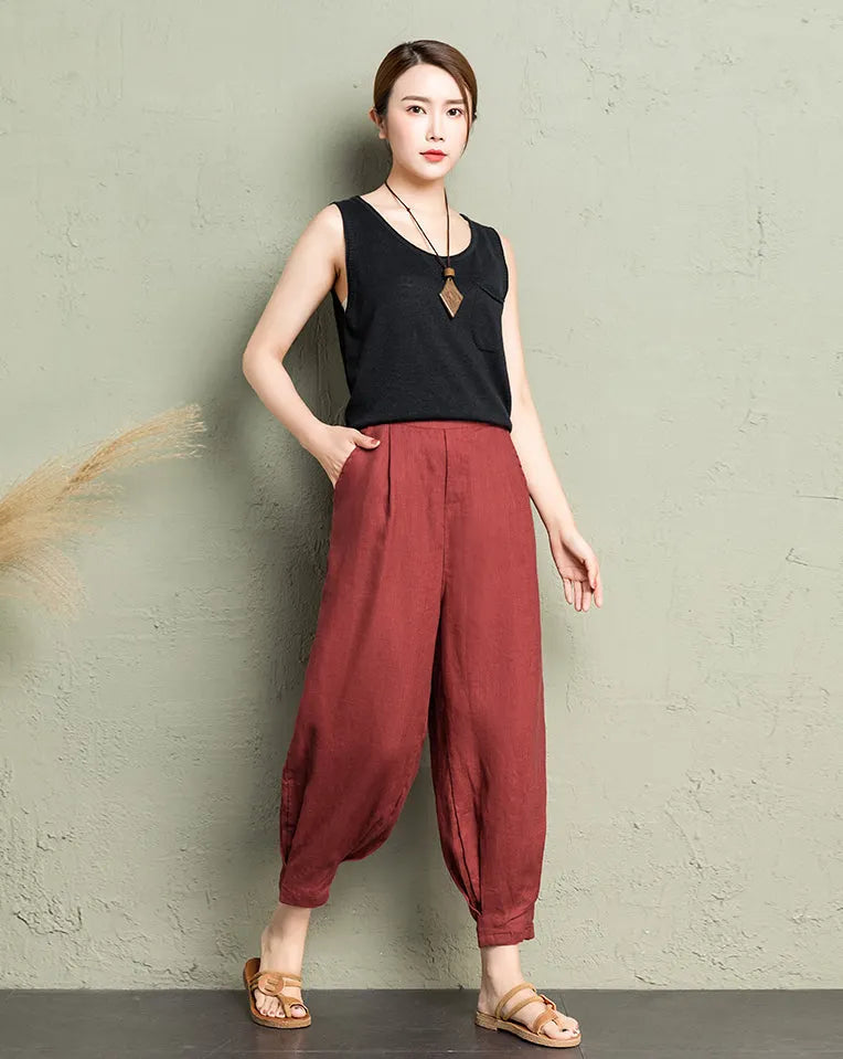 Rust Red Linen Cotton Wide Leg Pants - Back Elastic Waist Comfort 2607
