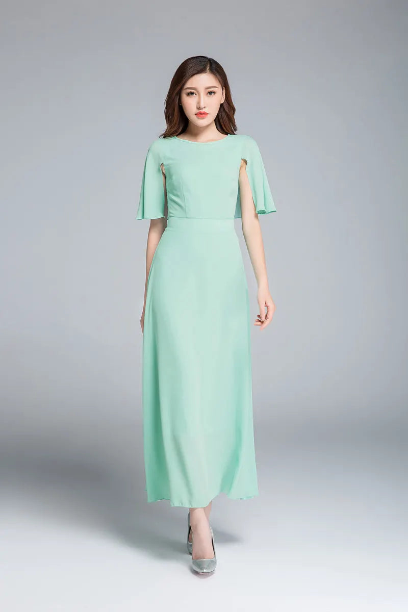 Emerald Green Chiffon Dress - Fitted Waist A-Line with Cape 1768