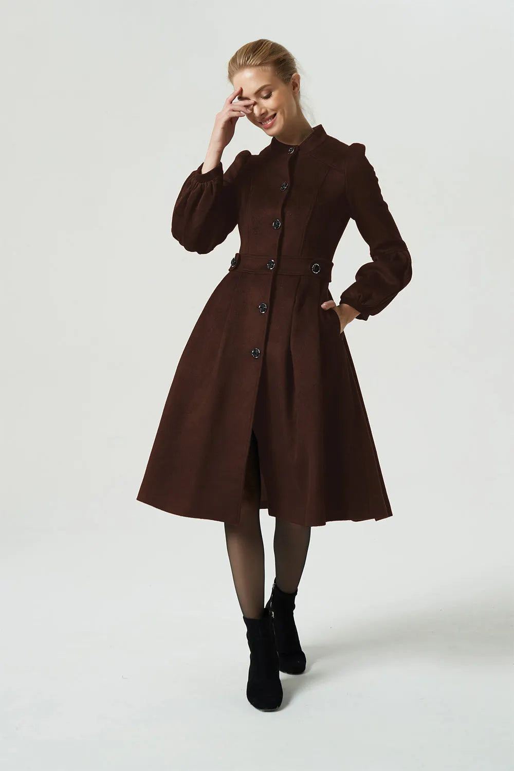 Brown Wool Blend Fit and Flare Dress Coat - Tailored Waist, Button Front 6312