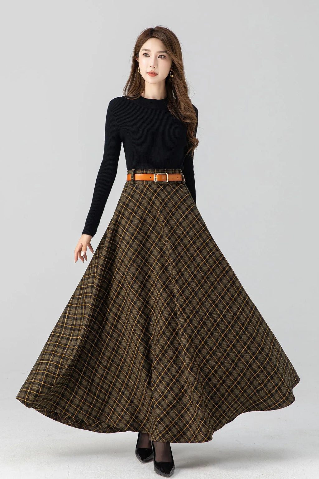 Handmade Brown Plaid Wool Maxi Skirt – High Waist Pleated Winter Long Skirt 