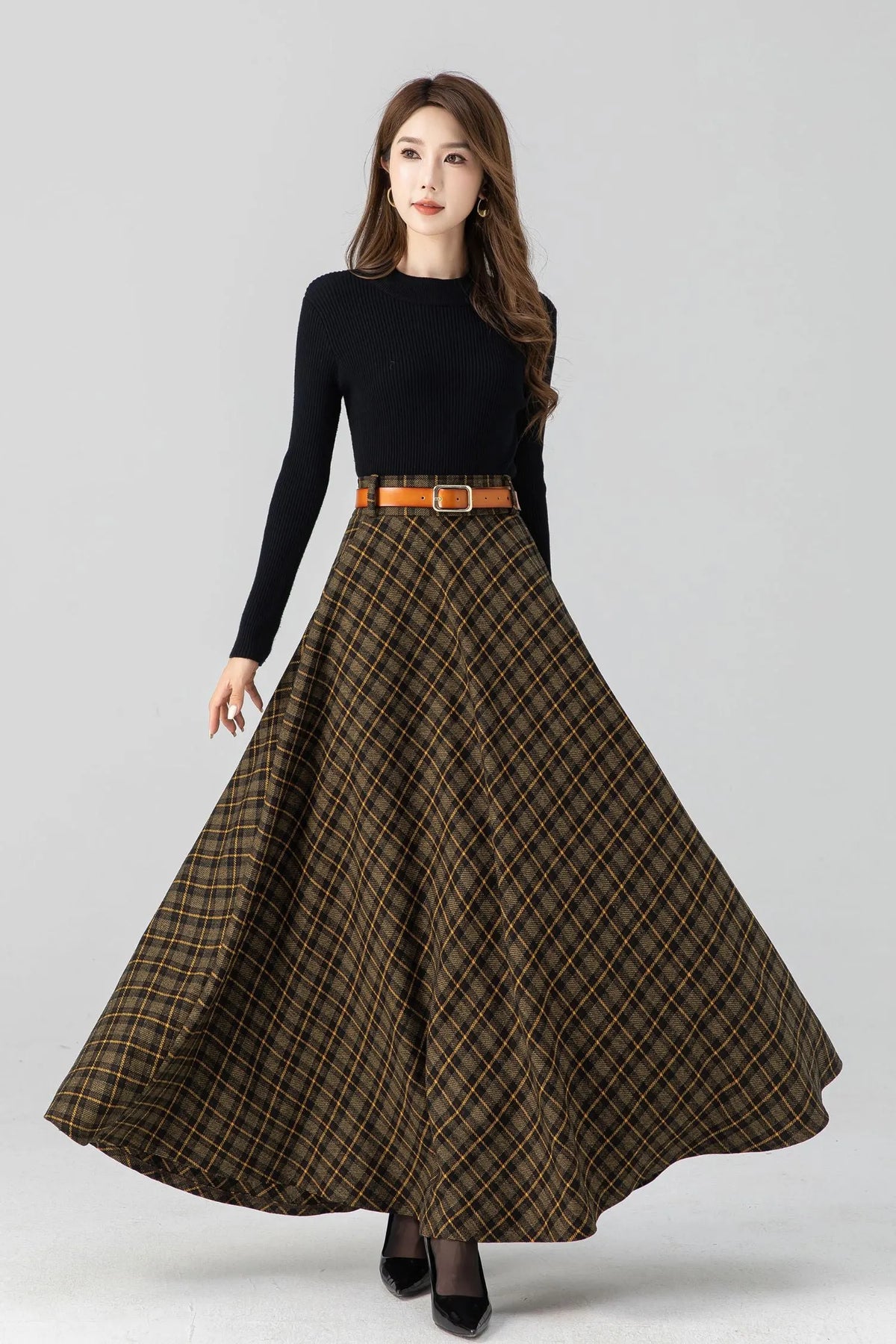 Handmade Brown Plaid Wool Maxi Skirt – High Waist Pleated Winter Long Skirt 