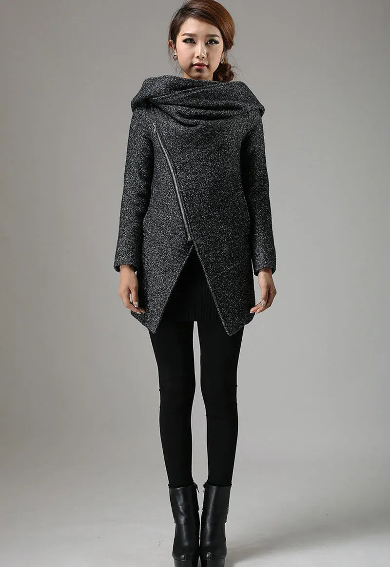 Charcoal Black Biker Wool Coat – Cowl Neck Hooded Winter Jacket 