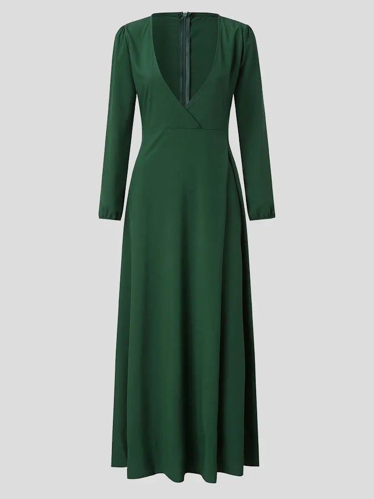Elegant Solid V-neck Lace-up Dress