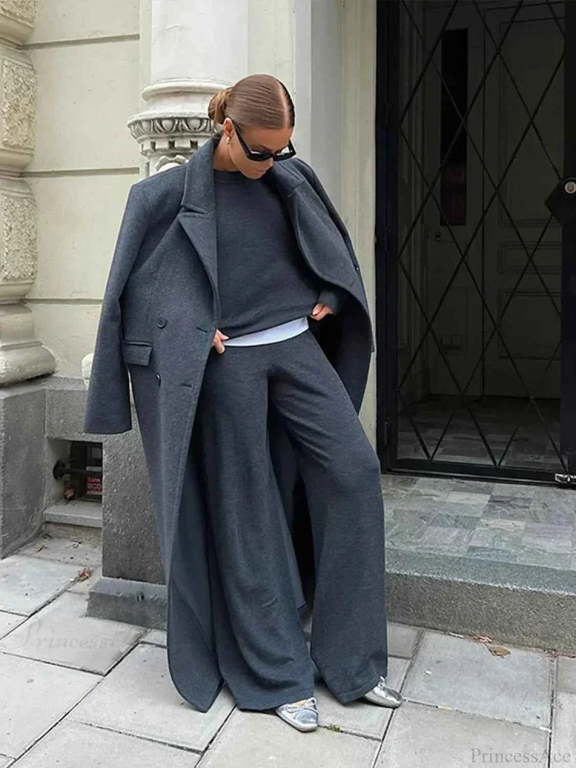 Ribbed Double-Breasted Brushed Coat with Turn-Down Collar