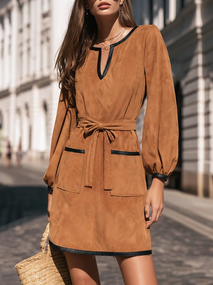 Faux Suede Contrast Black Faux Leather Trim Split V Neck Long Sleeve Patch Pocket Straight Mini Dress