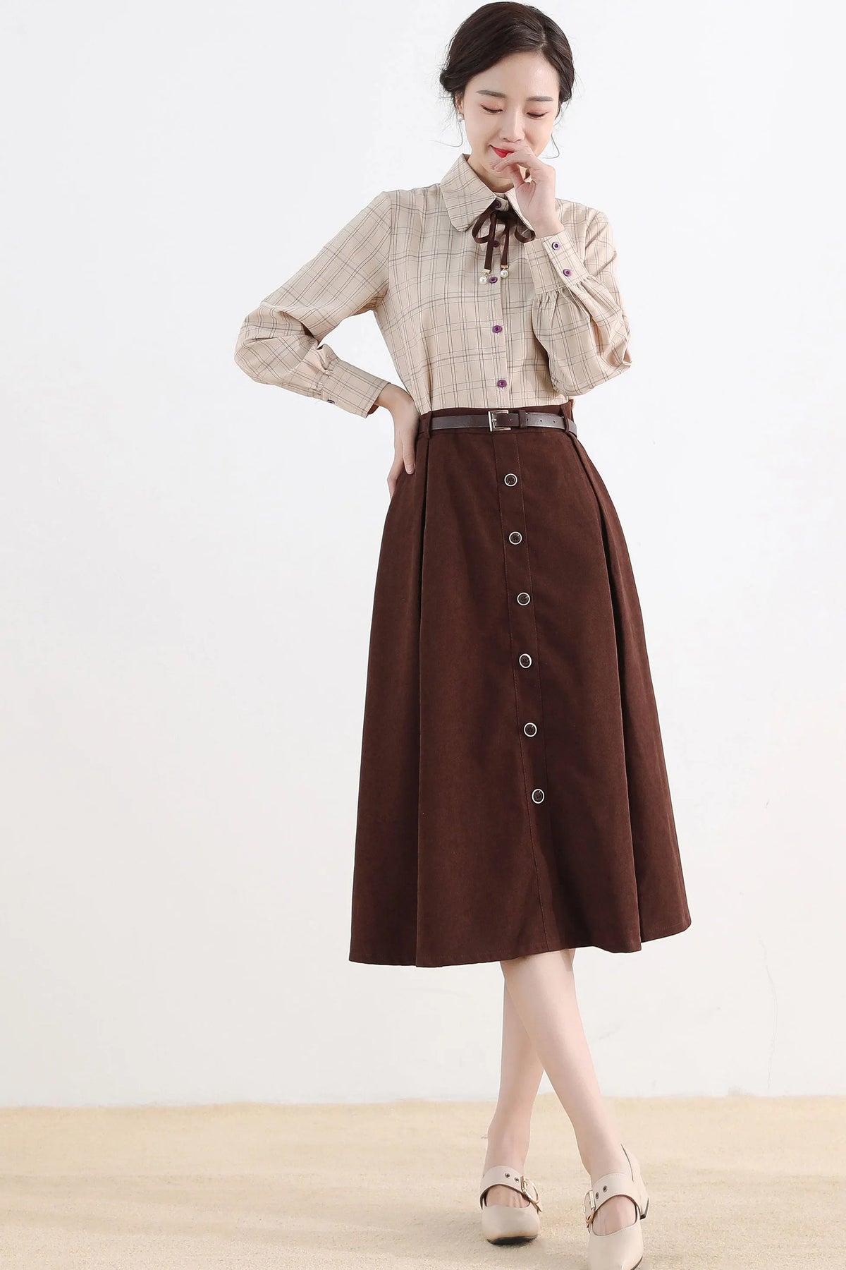 Brown Button Front Midi Skirt – Vintage A-Line Cotton Blend Skirt with Pockets 2521