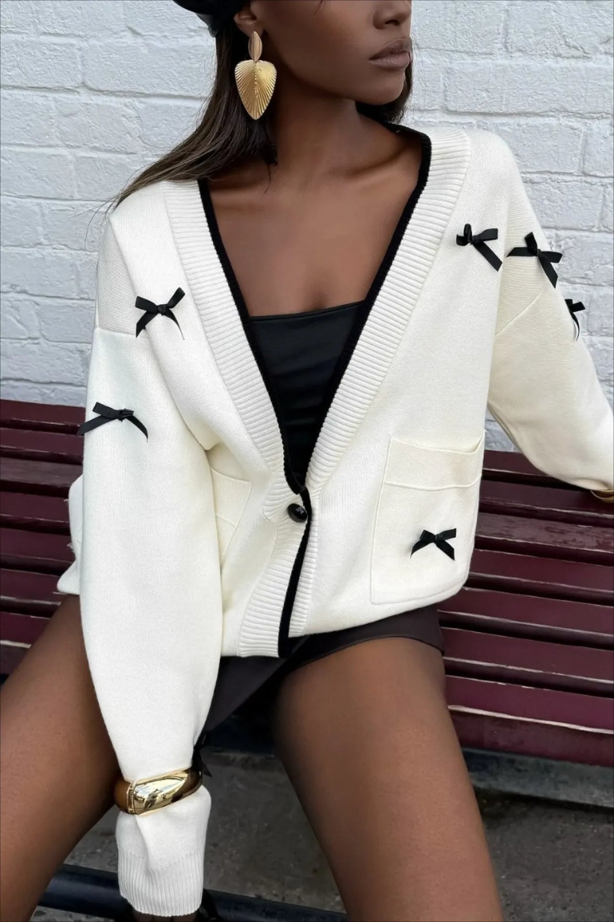 V Neck Bow Color Block Long Sleeve Knit Cardigan
