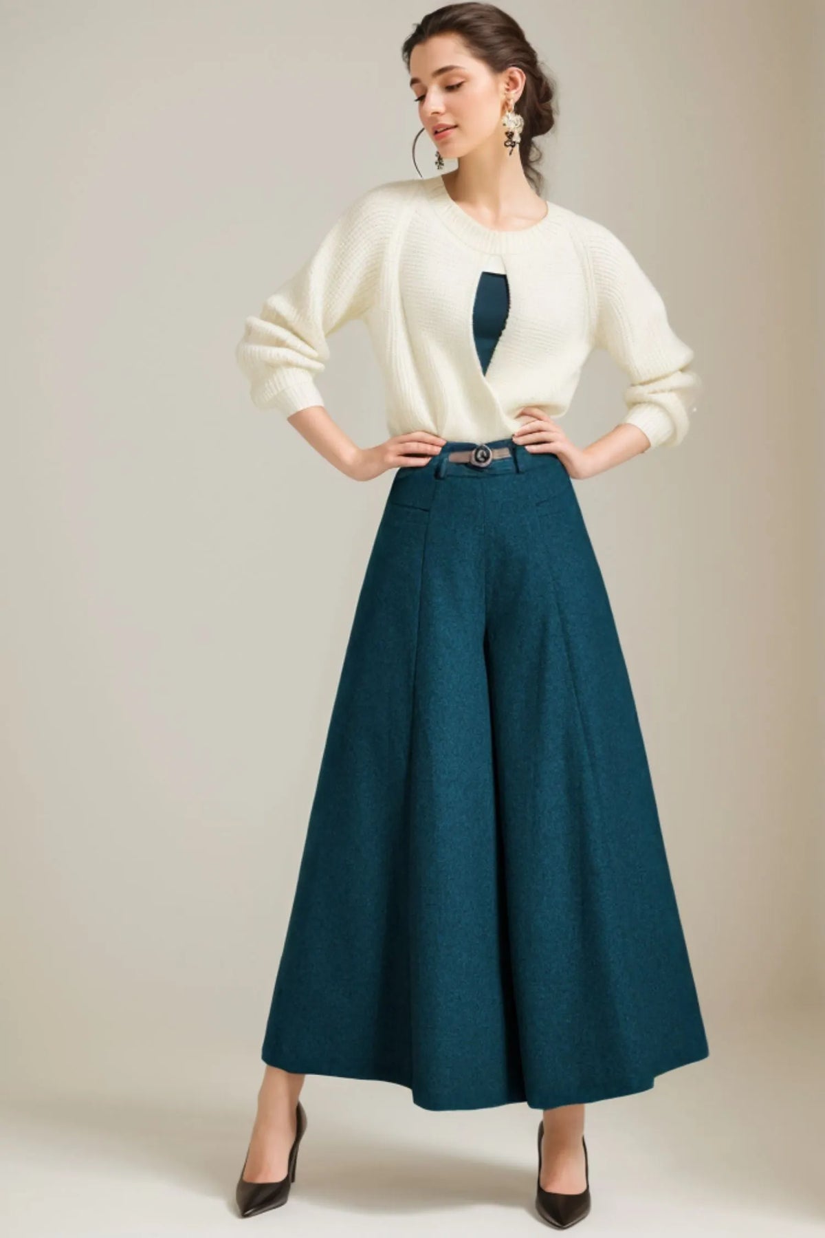 Winter Wool Wide Leg Pants - Pleated, Maxi Length 5232