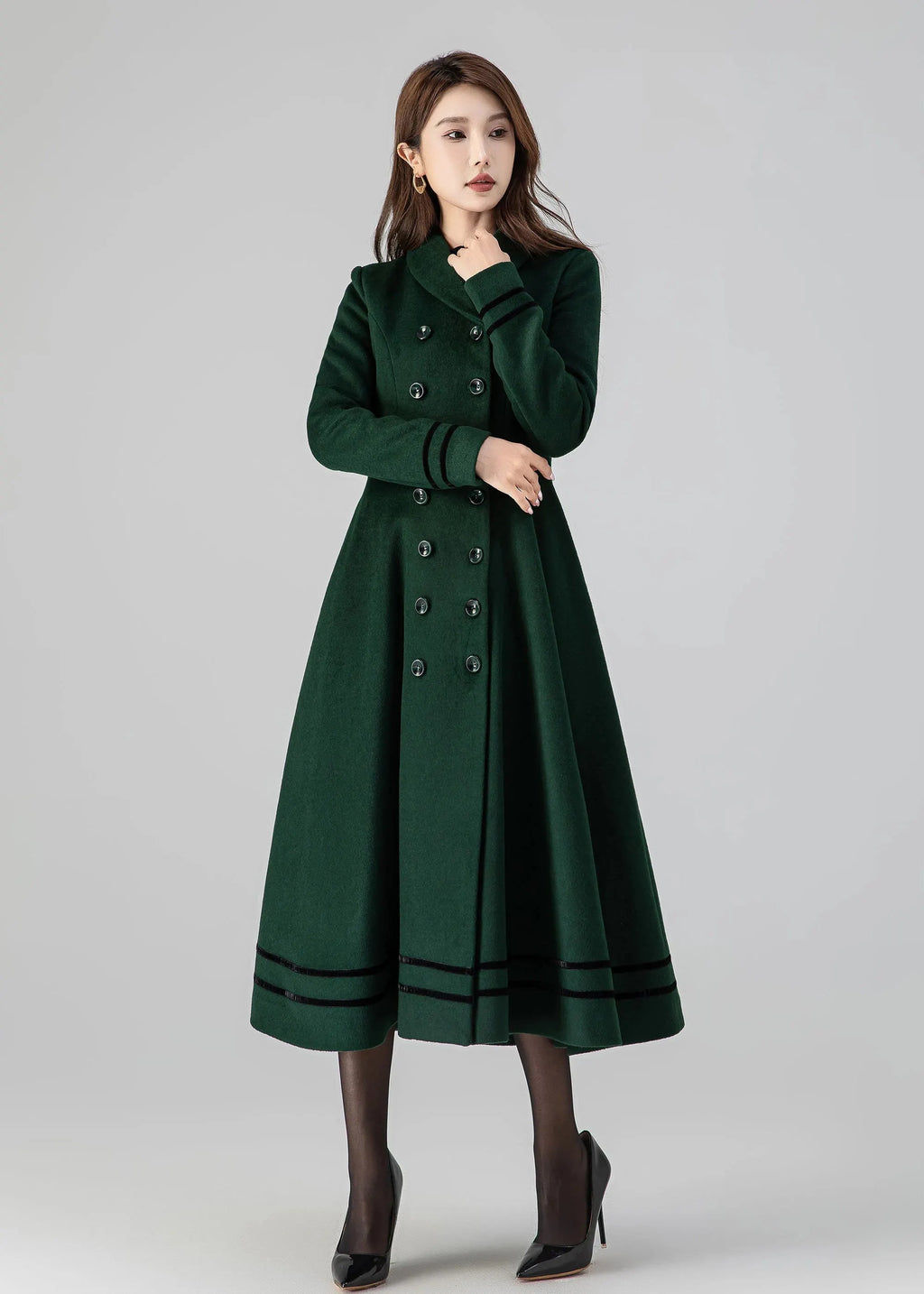 Forest Green Wool Coat - Double Breasted A-Line Fit and Flare 4514